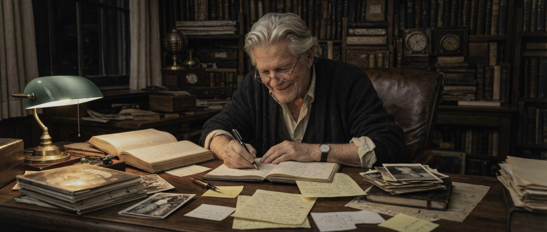 Edmund Grey writing in a study surrounded by books and family photographs