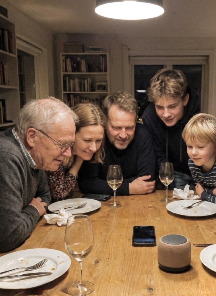 A family gathered around a table listening to a story