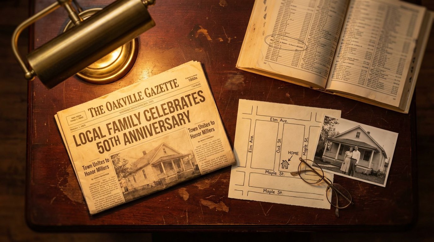 Research notes, photographs, and newspaper clippings on a desk
